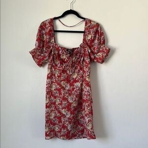 Trixxi Red Floral Puff Sleeve Mini Dress Smocked Back Size Large
